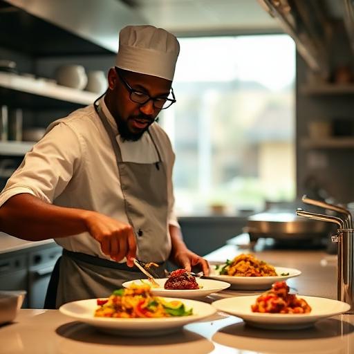 Chef plating food during a live catering job